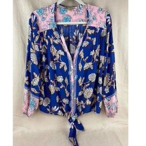 Democracy button up lightweight long sleeve blue floral top
